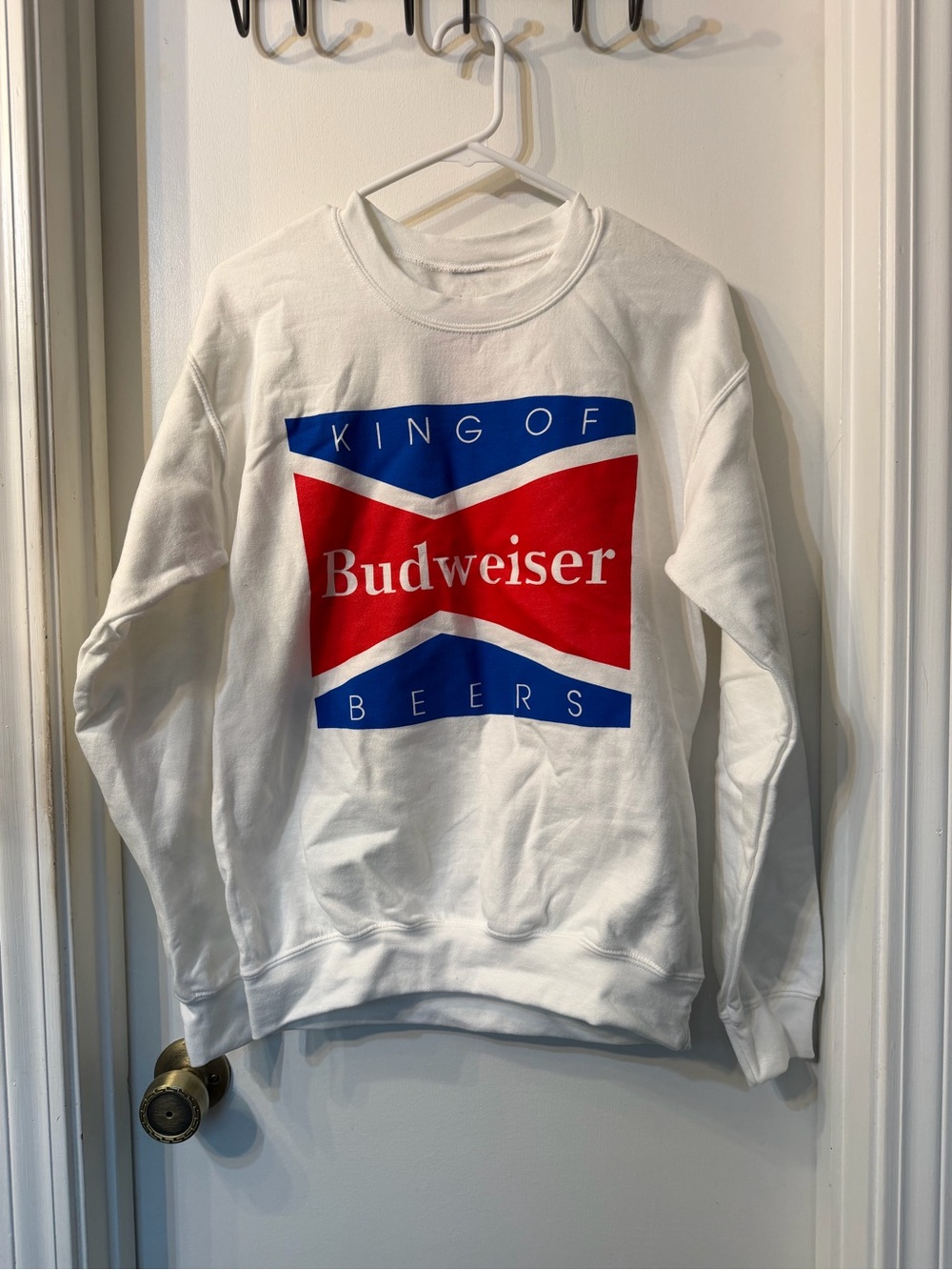 Budweiser White Crewneck Sweatshirt with Red and Blue Logo